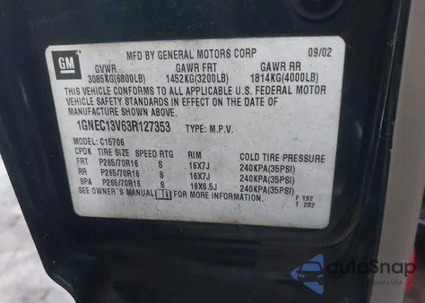 2003 Chevrolet Tahoe Ls из США, поврежденный, VIN 1GNEC13V63R127353